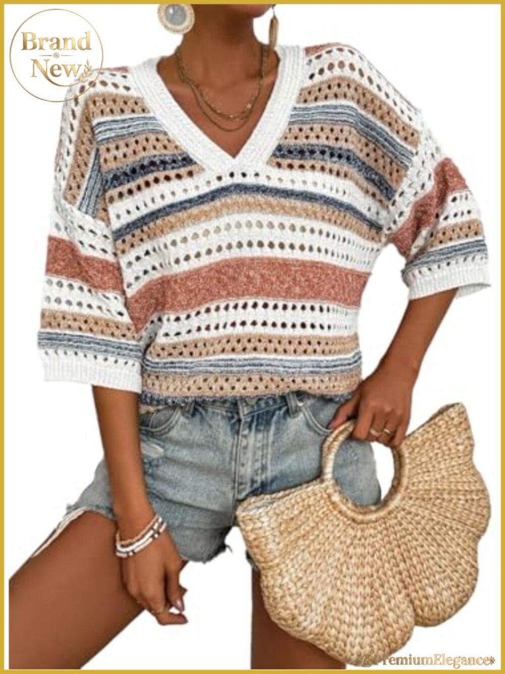 Women's V-Neck Striped Crochet Knit Sweater Short Sleeve Summer